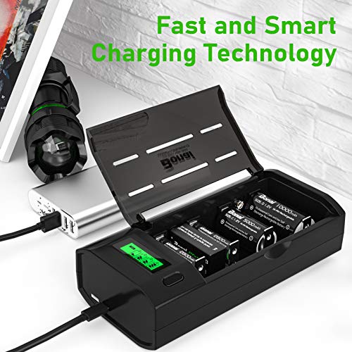 BONAI Smart Battery Charger for AA AAA C D 9V Ni-MH Ni-CD Rechargeable Batteries with Discharge Function and LCD Display Fast Charging - Black