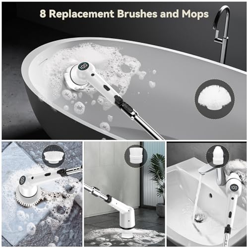 Electric Spin Scrubber - IMAXTOP Cordless Cleaning Brush with 8 Replaceable Heads, Shower Cleaner with Long Handle, Bathroom, Grout, Tub, Floor, Kitchen Cleaner