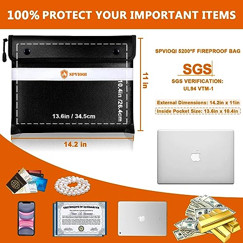 Fireproof Document Bag 5200°F with Heat Insulated, Fireproof Money Bag for Cash with Zipper and Reflective Strip, 14.2” X 11” Fireproof Safe Storage Pouch for Valuables