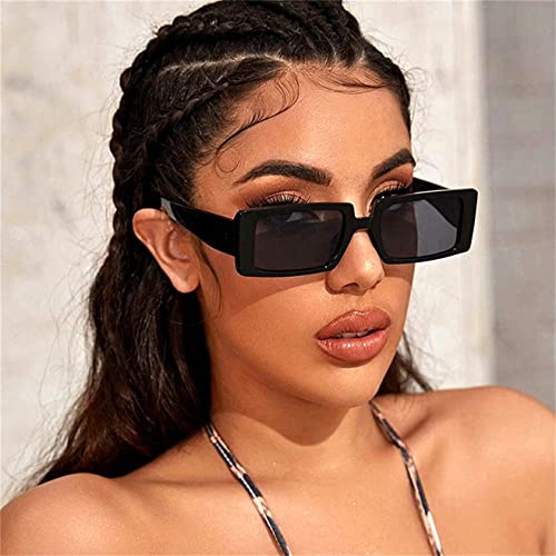 ADE WU Rectangle Sunglasses for Women Men, Black Narrow Square Frame Chunky Temple Sun Glasses