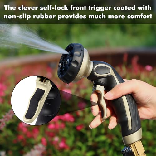 RESTMO Hose Nozzle with Easy Self-Lock Trigger, Heavy Duty Metal Water Hose Sprayer with 9 Spray Patterns and On/Off Valve, Ideal for Outdoor Lawn & Garden Watering, Car & Pet Washing