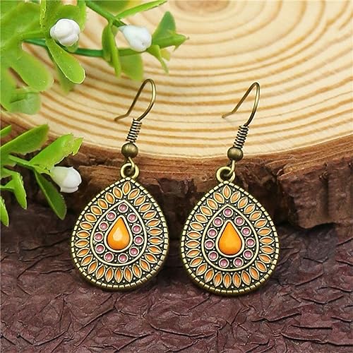 Handmade Boho Teardrop Earrings for WomenUnique Tribal Ethnic Colorful Vintage Antique Enamel Waterdrop Dangle Drop Statement Earrings All-match Sculpted Water Drop Jewelry Gifts (Orange)