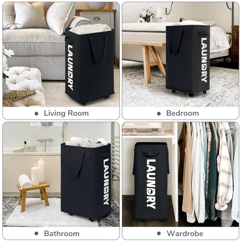 CHICVITA 75L Slim Laundry Hamper with Wheels and Removable Wash Bag, Black Rolling Basket with Handle for Laundry Room