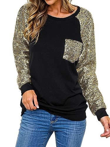 Ezcosplay Women Sparkling Sequins Tops Long Raglan Sleeves Glitter Shirt Sparkle Dressy Party Club Blouses Gold