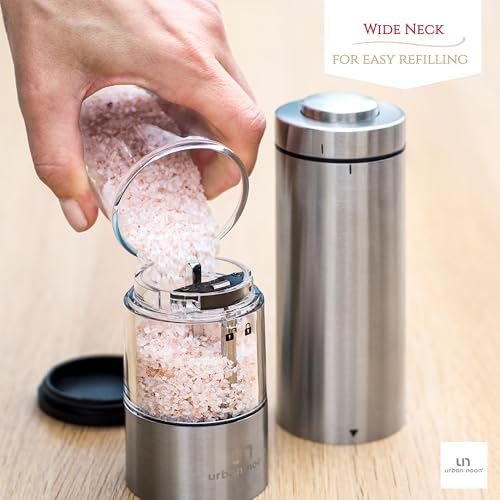 Electric Salt and Pepper Grinder Set - Battery Operated Stainless Steel Mills (1 Black Pepper Grinder + 1 White Salt Grinder) Automatic One Handed Operation Electronic Adjustable Ceramic Grinders