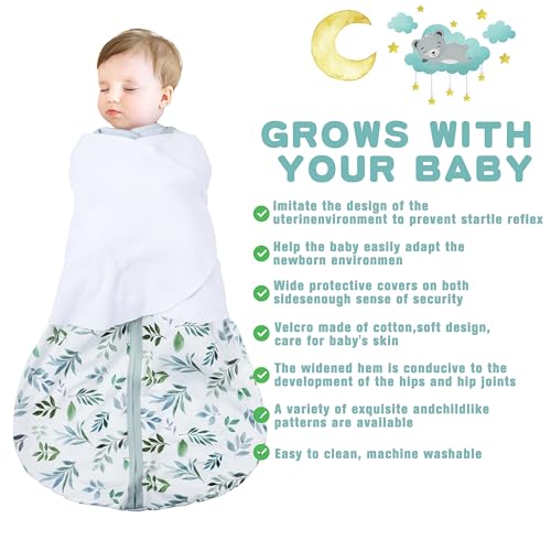 BSTOPPT Newborn Sleep Sack Baby Swaddle,0-3 Months,3-Way Adjustable Wearable Blanket,100% Rayon Cotton Swaddling sleeping bag，TOG 0.5（Banana&Leaf）
