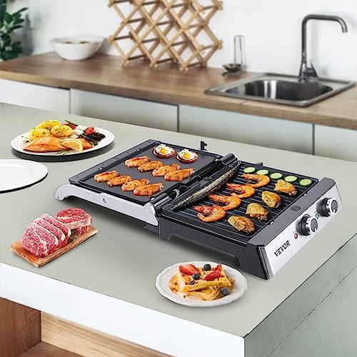 VEVOR Electric Contact Grills, 1500W Indoor Countertop Panini Press, Sandwich Maker with Non Stick,2 Reversible Iron Cooking Plates,0-446℉ Adjustable Temperature Control,Timer Function,120V