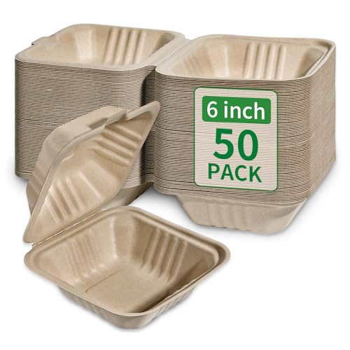 Aricsen Compostable 50 Pack 6x6 Inch Disposable Small Lunch Box Takeout Containers with Lid To Go Take Out Clamshell for Food, Eco-Friendly Biodegradable Bagasse Fibers, PFAS-Free, Unbleached Brown