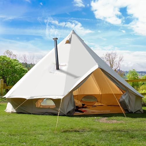 YITAHOME Canvas Bell Tent Cotton Canvas Yurt Tent 4 Season Waterproof Glamping Tents w/Stove Jack for Family Camping Outdoor Hunting Party (4M/13FT)