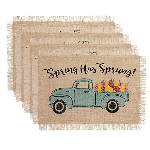 Elrene Home Fashions Farmhouse Living Spring Has Sprung Vintage Farm Truck Burlap Placemats, 13 Inches x 19 Inches, Set of 4 Multicolor