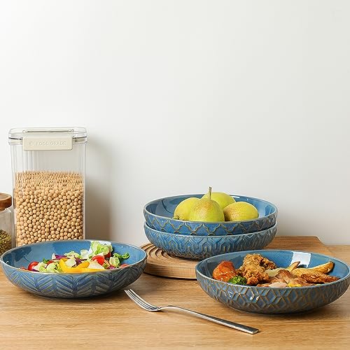Sureasy Ceramic Pasta Bowls, 30oz Large Salad Bowl, 8.5 inch Embossed Serving Bowl for Kitchen, Wide and Shallow Plates Bowls Set of 4, Microwave, Oven and Dishwasher Safe, Gifts, Blue