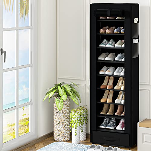 OYREL Shoes Rack 10 Tier Tall Shoe Rack Narrow Shoe Rack with Storage Box,Fabric Covered Shoe Rack,Metal Shoe Rack Organizer,Shoe Racks for Closets,Stackable Shoe Rack,Shoe Stand,Shoe Shelf Storage