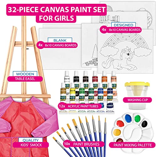 KEFF Acrylic Paint Set for Kids - Non Toxic Washable Paint - 32 Pcs Painting Kit for Kids with Blank & Pre-Drawn Canvas Boards, Wooden Easel, Brushes, Mixing Palette, Washing Cup & Pink Smock