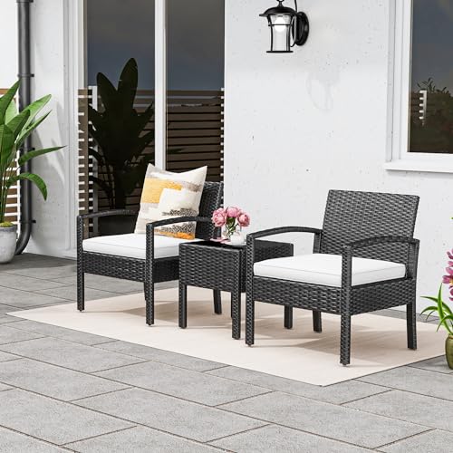 YITAHOME 3-Piece Outdoor Patio Furniture Wicker Bistro Set, All-Weather Rattan Conversation Chairs with Glass Side Table & Soft Cushions for Backyard, Balcony and Deck, Black+Beige