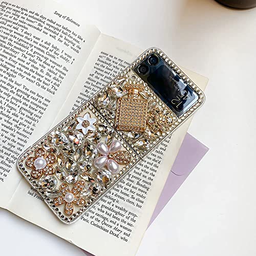 Poowear for Samsung Galaxy Z Flip 4 5G Case,Luxury Bling Diamond Rhinestone Gemstone 3D Perfume Bottle and Flower Gemstone Soft TPU Back Cover Case for Women Girls with Galaxy Z Flip 4 5G (2022)