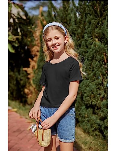 Arshiner Girls Casual Round Neck Short Sleeve Soild Basic Crop Top Summer T-Shirt Tee Pink 7-8 Years