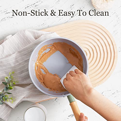 ROCKURWOK Ceramic Nonstick Sauce Pan with Lid, 1.5 Qt Small Pots for Cooking, Small Pot Wooden Handle for Cool Touch, Non Toxic & Pfas-Free Saucepan, Universal Base(Gas, Electric & Induction), Green