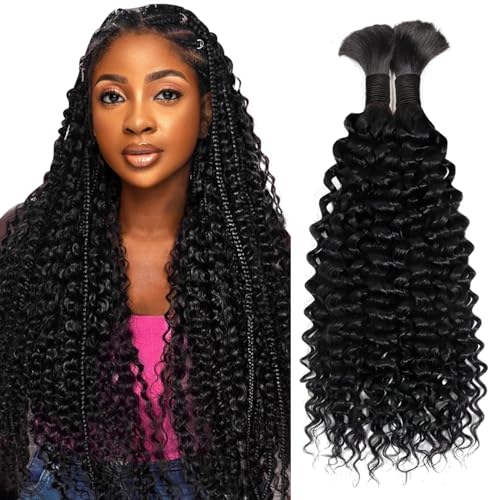 Human Braiding Hair for Boho Braids 99J 14 Inch Curly Human Hair for Boho Braids 2 Bundles 100g Boho Hair for Braiding 100% Deep Wave Bulk Human Hair for Boho Knotless Braids (99J,14inch)