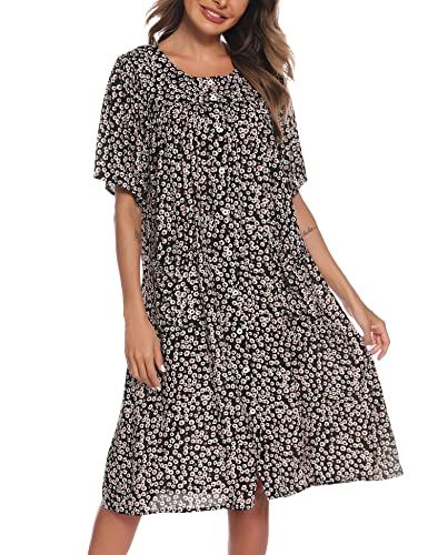 COSUNIONY House Dresses for Women Cotton Short Sleeve House Coat Buttons Down Dusters Robe with Pockets (Tie dye Navy, Medium…