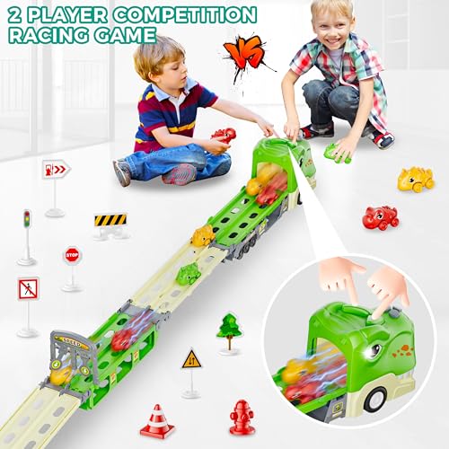 Funwee Dinosaur Truck Toys for 2 3 4 5 6 7 Year Boy Toddler, Foldable Track & 2 Player Race Mode, Light & Sound Transport Carrier W/ 6 Dino Car & 12 Accessories, Birthday Gift Idea for Kids Girls