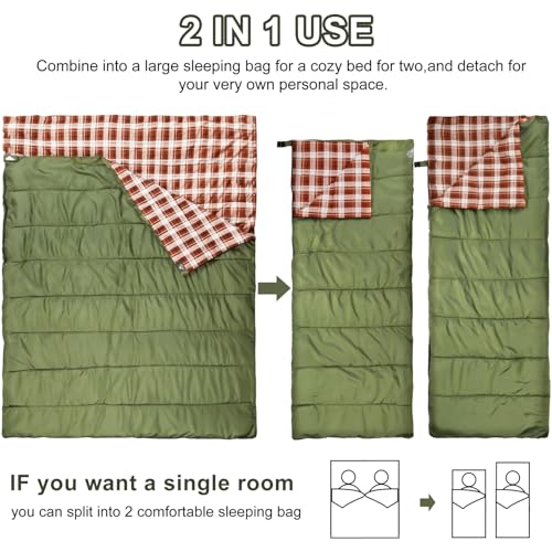 AGEMORE Cotton Flannel Double Sleeping Bag for Camping, Backpacking Or Hiking. Queen Size 2 Person Waterproof Sleeping Bag for Adults Or Teens. Lightweight with Compression Sack