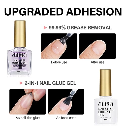 AILLSA Gel Nail Kit XS Almond Nail Tips 240pcs with Nail Glue Base Top Coat and Nail Dehydrator, All-In-1 Beginner Red White Gel Polish Kit with Mini Nail Light for Christmas