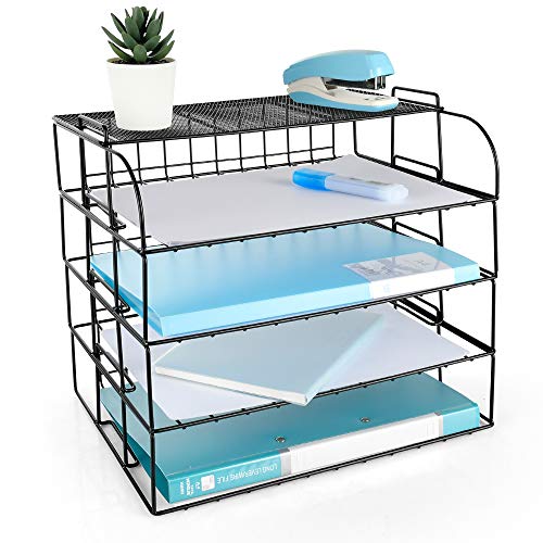 Spacrea Letter Tray, 4 Tier Desk Organizers and Accessories, Stackable Paper Tray Organizer Desk File Organizer with 1 Upper Display Shelf for School Home Office Supplies (Black)