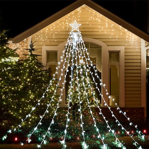 Christmas Lights Outdoor, Aokudoni 12.6ft 8-Lighting Modes Waterfall Lights for Christmas, Outdoor Christmas Decorations for Yard, Christmas Lights for Tree House Holiday Party, Warm White