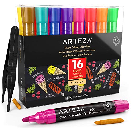 ARTEZA Liquid Chalk Markers, Set of 16 Bright Colors, Fine Tip Chalkboard Pens