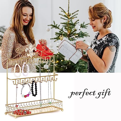MOCOME Fleur-De-Lis Gold Jewelry Stand Necklace Holder Stand with 36 Hooks and Tray for Woman