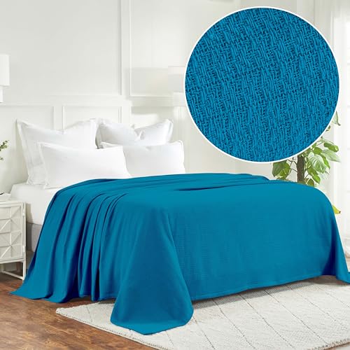 Superior Waffle Weave Cotton Blanket, for Picnic, Beach, Traveling or Camping, Comfy Blanket, Bedroom Decor, Essentials, Cover for Bed, Couch, Lounging, Honeycomb Knit, Throw, Turquoise