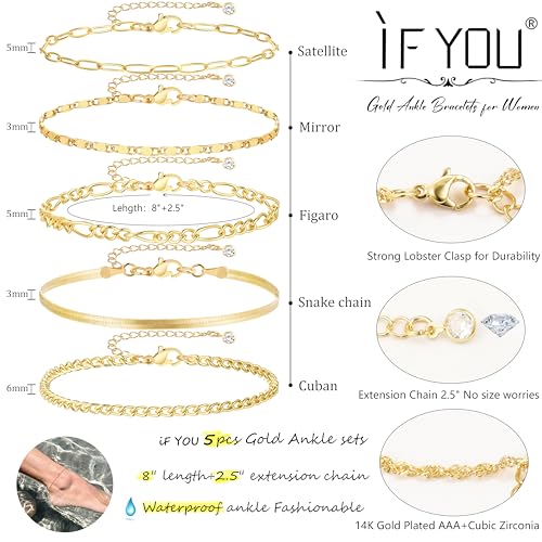 iF YOU Gold Ankle Bracelets for Women, 14k Gold Plated Waterproof Cuban Link Chain Anklets Set, Layered Anklet Bracelets for Women Beach Gift Adjustable Size 5pc (Style1-gold)