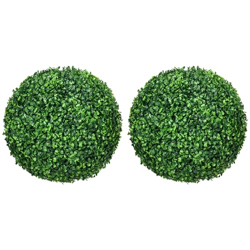 HOMCOM Set of 2 15.75 Inch Artificial Ball Boxwood Topiary Trees Balls, Indoor Outdoor Fake Plants for Home, Office & Living Room Decor