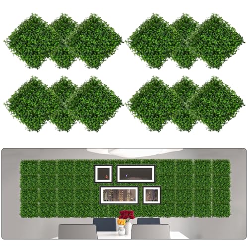 Hengu Artificial Green Grass Wall Panels,12 Pack 10" x 10" Lush Wall Hedge Backdrop Greenery - Faux Privacy Fence Decoration with 20 Zip Ties for Indoor Outdoor Garden, Wedding Decor