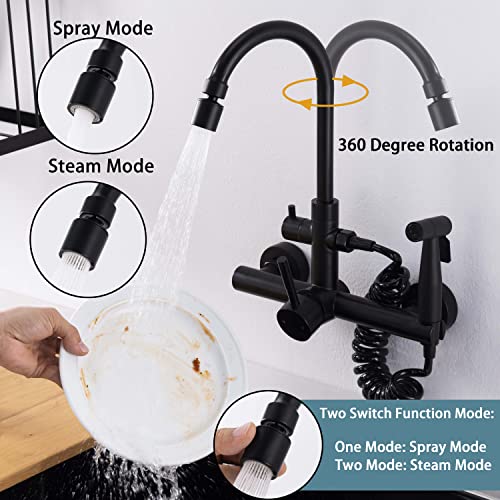 Wall Mount Kitchen Faucet 8 Inch Faucets Matte Black Faucet for Kitchen, with Spray Gun and 2 Water Jet, Swivel 360° spout Wall faucets, Wall mounting Kitchen Faucet