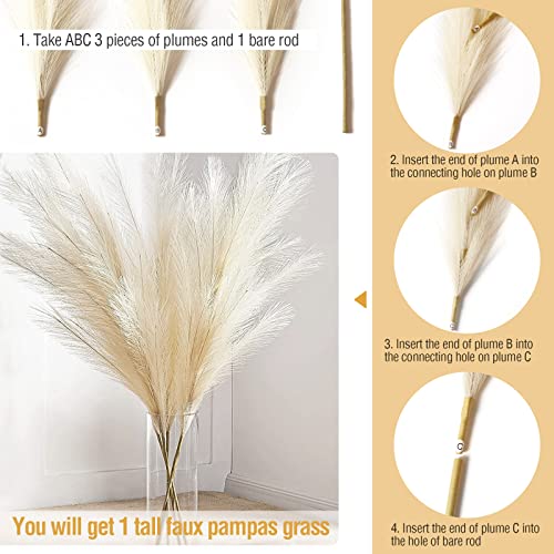 GAOMON 4 PCs Faux Pampas Grass Decor, 44 Inch Large Tall Fluffy Artificial Fake Flower Boho Decor, Bulrush Reed Grass for Vase Filler, Farmhouse Home Wedding Decor (Beige)