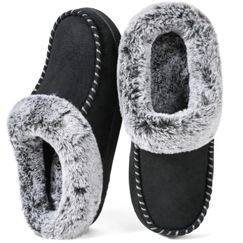 ULTRAIDEAS Women's Memory Foam House Slippers with Hard Bottom, Fur Lined House Shoes with Non-Slip Rubber Sole for Indoor & Outdoor (Black, 5-6)