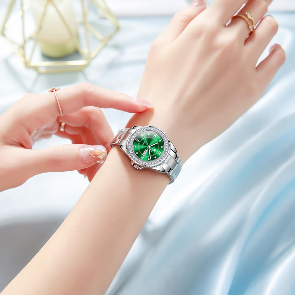 OLEVS Green Women Wrist Watches Luxury Fashion Quartz Analog Stainless Steel Waterproof Ladies Watch Diamond Dial Gift Women Watch