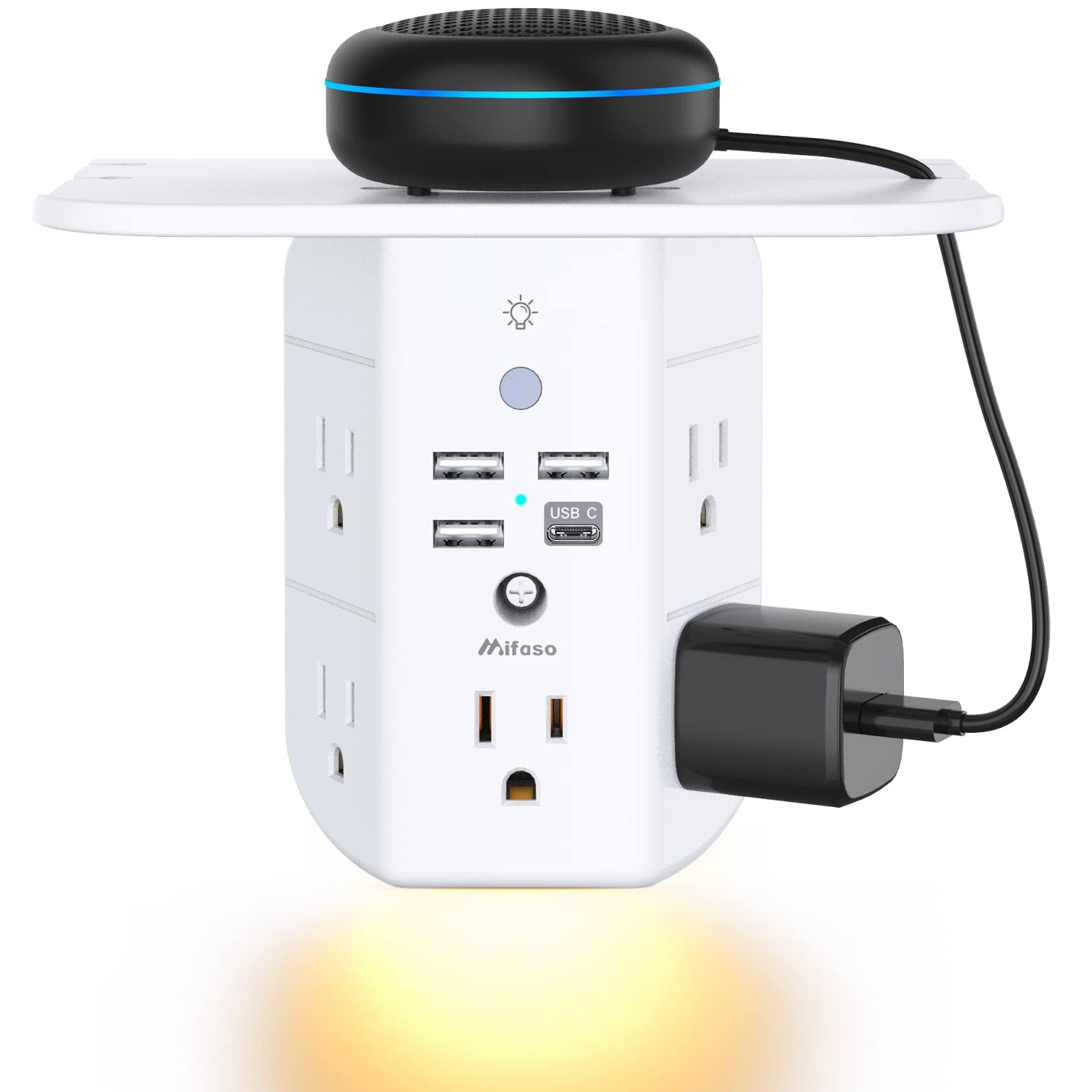 Wall Outlet Extender with Shelf and Night Light, Surge Protector, Wall Mount Charger Multi Plug Expander with 5 AC Outlets and 3 USB A Ports 1 USB C, Wide Space 3-Sided Power Strip Multi Plug Outlets