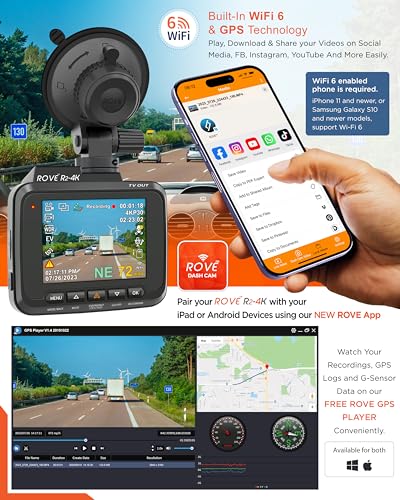 ROVE R2-4K Dash Cam Built-in WiFi GPS Car Dashboard Camera Recorder with UHD 2160P, 2.4" IPS Screen, 150° Wide Angle, WDR, Night Vision