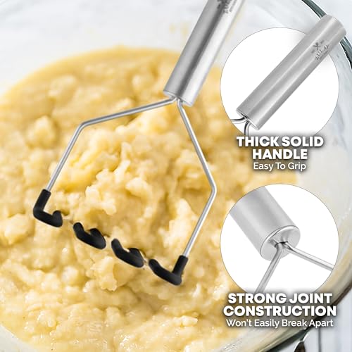 Zulay Kitchen Non-Scratch Potato Masher Kitchen Tool - Durable Stainless Steel Wrapped In Premium Silicone Mashed Potatoes Masher - Versatile Masher Hand Tool & Potato Smasher (Black)