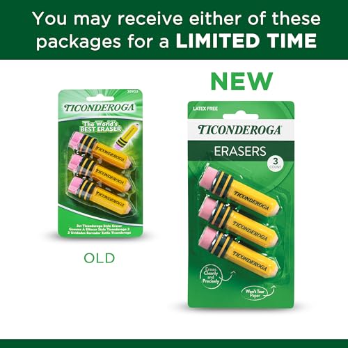 TICONDEROGA Erasers, Pencil Shaped, Latex-Free, Yellow, 3-Pack (38953)