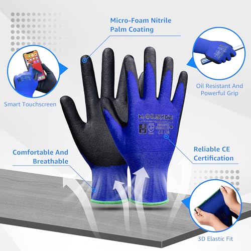 MANUSAGE Safety Work Gloves Men and Women, Microfoam Nitrile Work Gloves Medium, Thin Work Gloves With Touchscreen Fingers, Work Gloves Women, Men's work gloves with grip, 12 Pairs, Grey