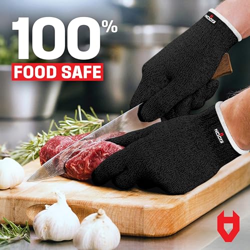 NoCry Cut Resistant Work Gloves for Women and Men, with Reinforced Fingers; Comfortable, 100% Food Grade Kitchen Cooking Gloves; Ambidextrous Safety Cutting Gloves; Level 5 Protection; Black