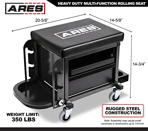 ARES 62029 – Heavy Duty Rolling Shop Stool - Square Mechanic's Black Shop Seat - Multi-Function with Padded Seat Cushion, Tool Storage Drawer and Tray – Rugged Steel Construction Holds Up to 350 LB