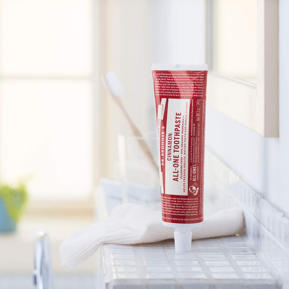 Dr. Bronner’s - All-One Toothpaste (Cinnamon, 5 Ounce, 3-Pack) - 70% Organic Ingredients, Natural and Effective, Fluoride-Free, SLS-Free, Helps Freshen Breath, Reduce Plaque, Whiten Teeth, Vegan