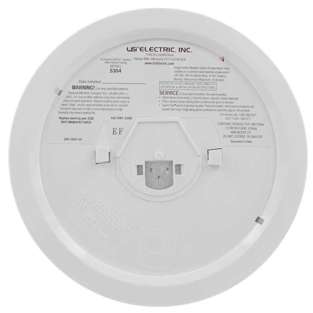 Universal Security Instruments Hardwired Ionization Smoke and Fire Alarm with Battery Backup, Model 5304