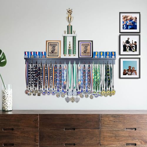 4ft- Medal Awards Rack Premier Medal Hanger Display Rack and Trophy Shelf for Gymnastics, Soccer, Basketball, Football, and More. The Largest Medal and Award Display- 48” - Black