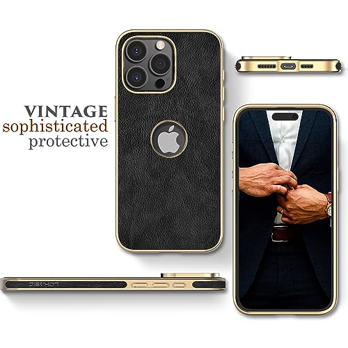 LOHASIC PU Leather Case for iPhone 15 Pro Max, Logo View, Luxury Elegant ProMax Phone Cover for Men Women, Anti-Slip Grip Protective TPU Bumper, 6.7 Inch, 5G, 2023 - Black Gold