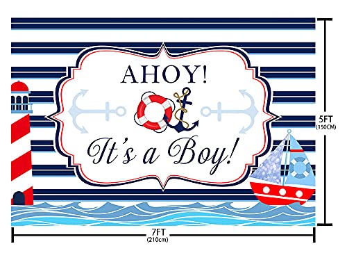 ABLIN 7x5ft Ahoy Nautical Boy Baby Shower Backdrop It's a Boy White Blue Stripes Marine Sea Lighthouse Ship Background Newborn Baby Gender Reveal Party Decor Banner Photo Booth Props